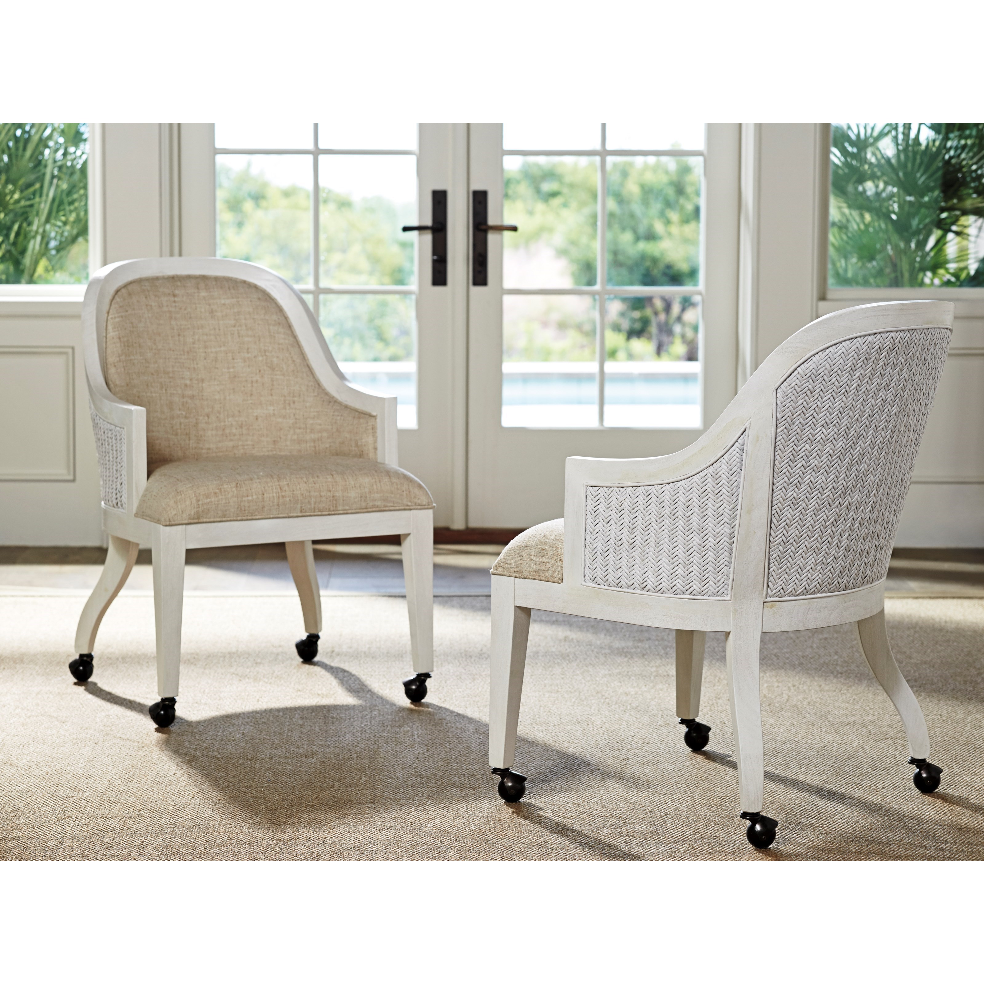 Upholstered dining chairs with arms and casters outlet